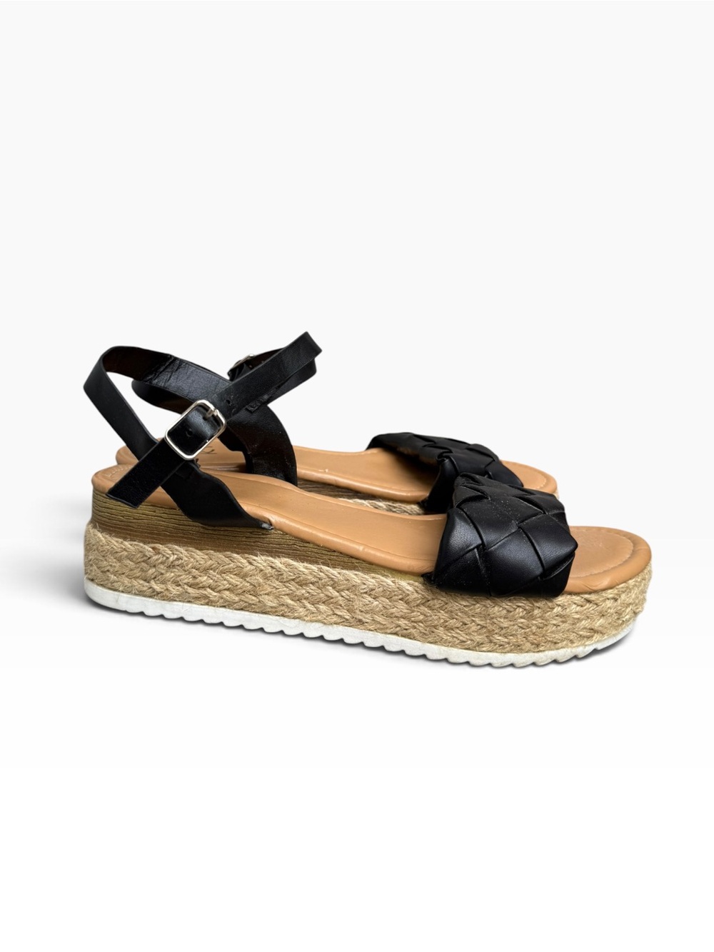 Yoki Cardi Black Faux Leather Woven Platform Espadrille Sandals Size 10
